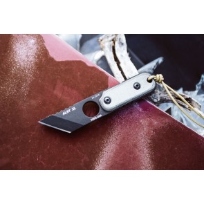 TOPS ALRT XL 03 compact fixed blade knife featuring a black utility blade with a durable angular tip and black canvas micarta handles.