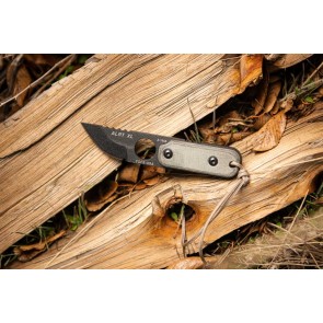 TOPS ALRT XL-05 compact fixed blade knife featuring a black hunter's point blade shape and black canvas micarta handles.