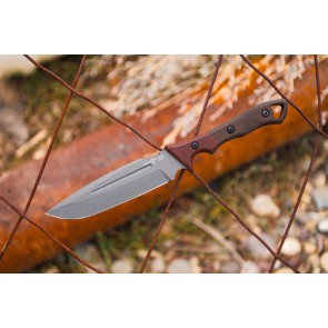 Viking Tactics Norseman knife with tan and green Micarta handle featuring blood red liners and Tungsten Cerakote blade.